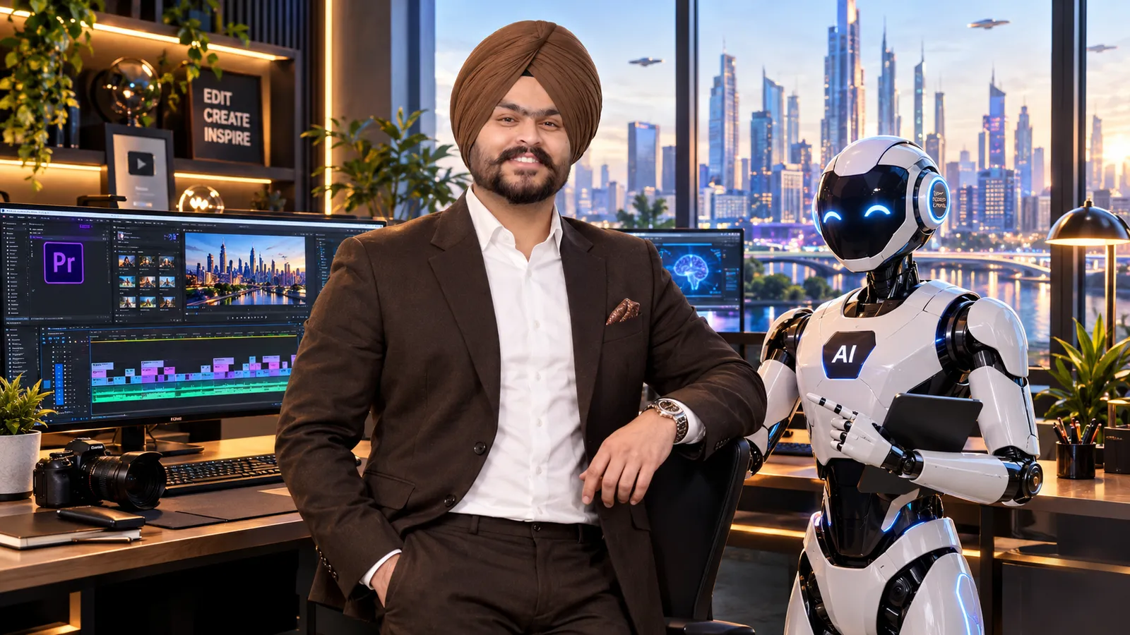 The DAAT Production creator at his editing desk beside an AI robot, Perth skyline behind