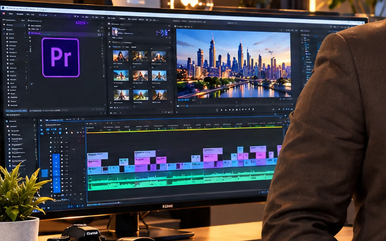Editing monitors in the DAAT Production studio showing a video timeline